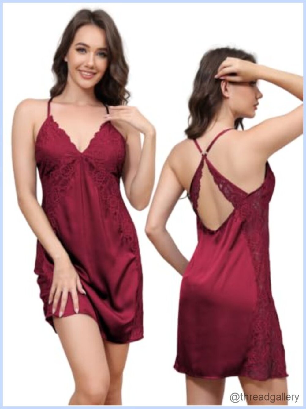 Satin Lace Babydoll Chemise Nightgown Built in Bra Sleepwear